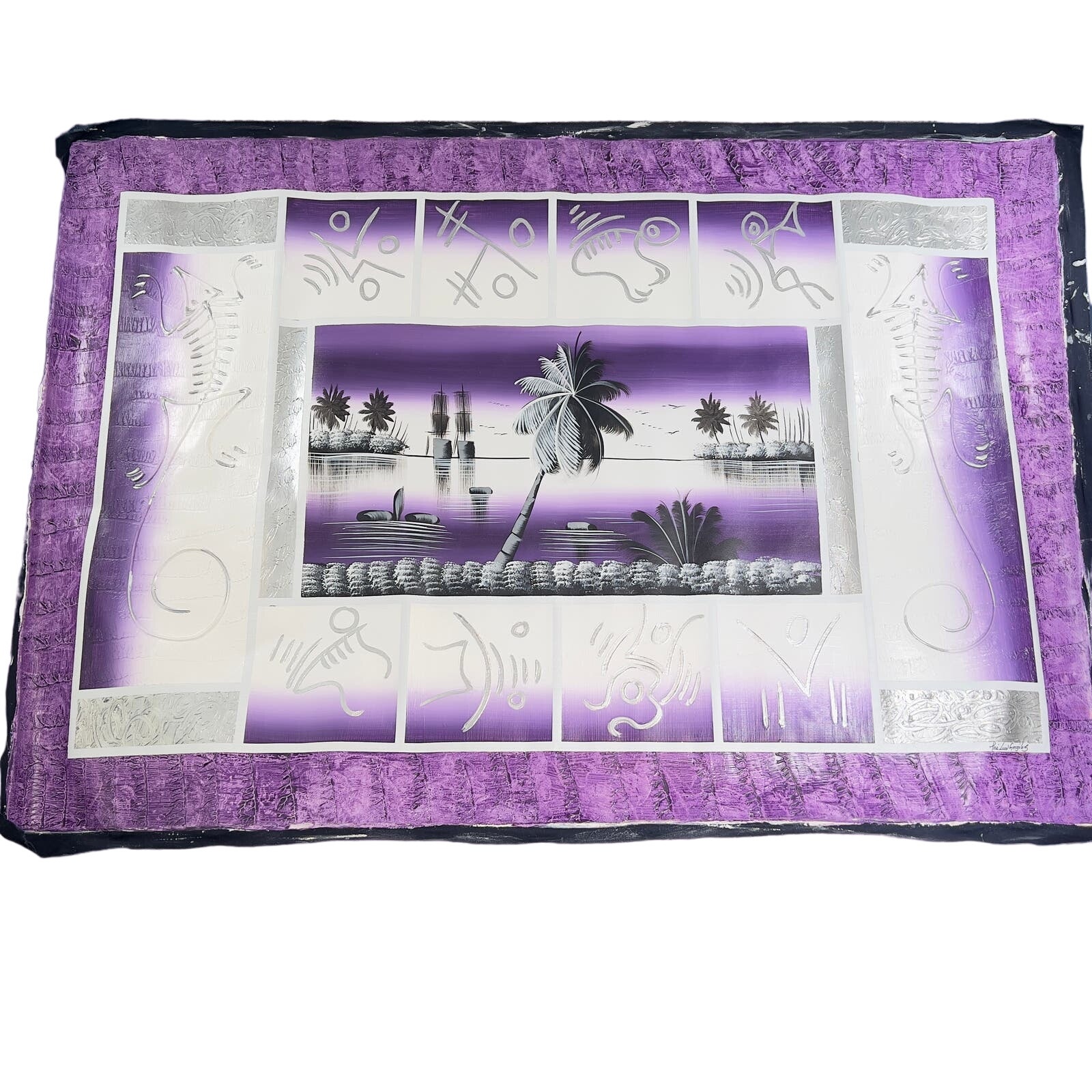 Jose Luis Gonzalez Unframed Painting Tropical Purple Silver White ~61 x ~43.5