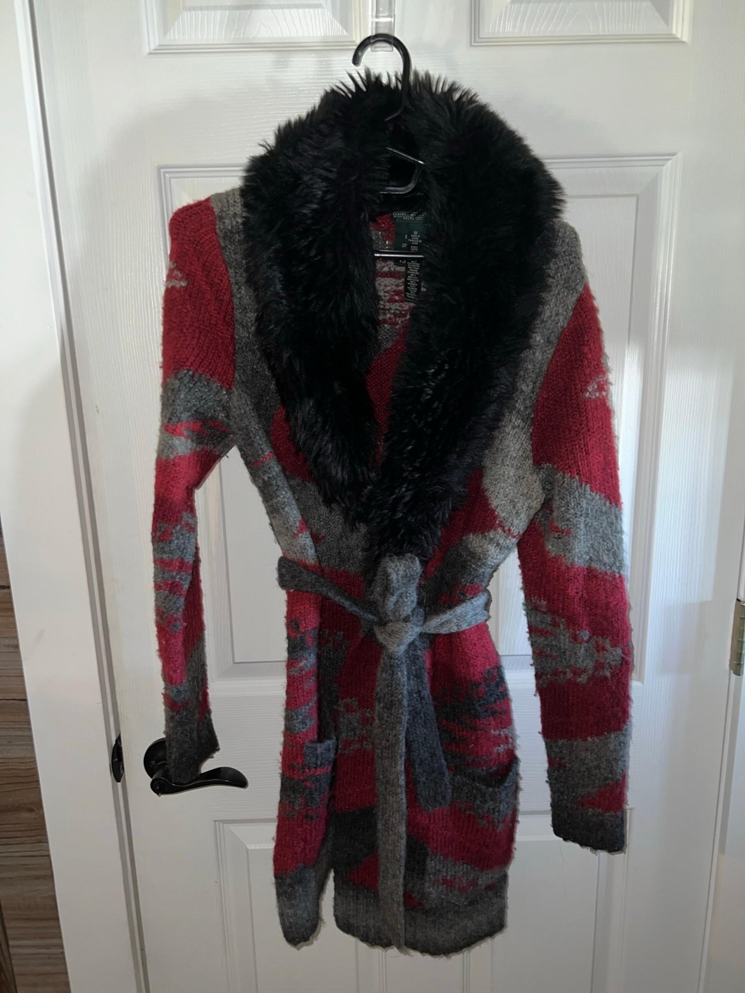 Ralph Lauren Southwestern Faux Fur Cardigan Sweater with Belt Women's M