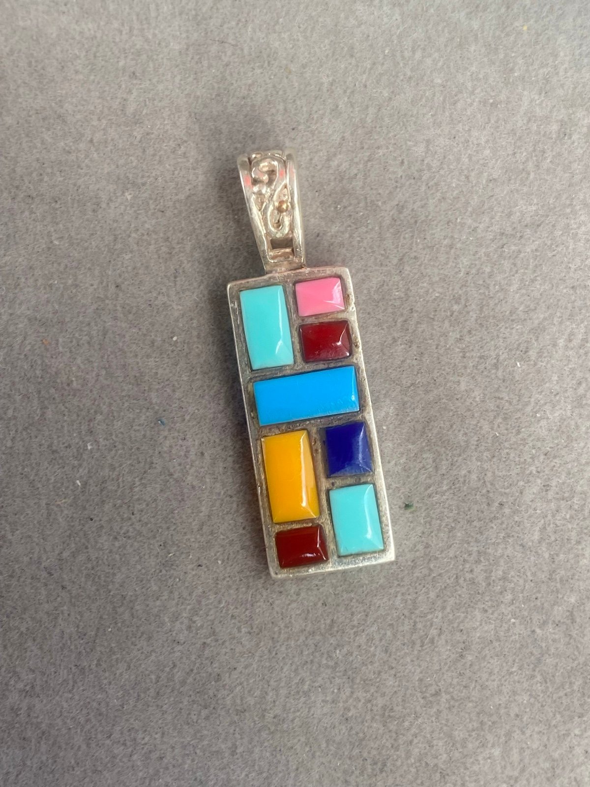 Vintage Multicoloured Enamel Panel Pendant Sterling Silver Mount