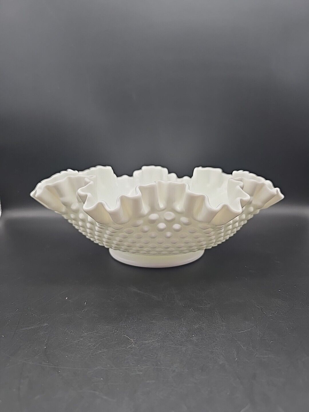 Fenton Serving Fruit Bowl Milk Glass White Hobnail Vintage Large Ruffled Edge