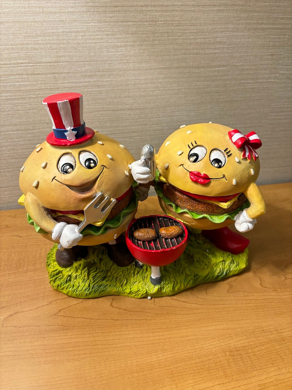 Adorable Cartoon Hamburger Couple Clay Resin Patriotic Fourth of July Decor