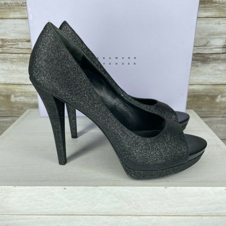 Vera Wang Black Sparkle Open Toe Pumps