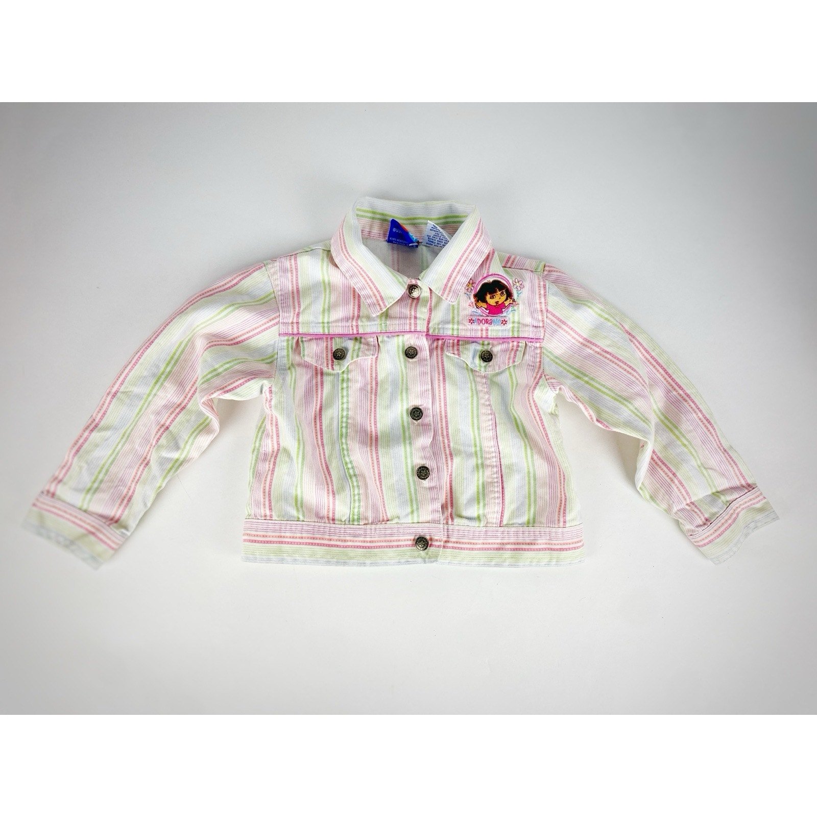 VTG Dora the Explorer Striped Jean Jacket Dorable Toddler Girl Sz XS Pink Green