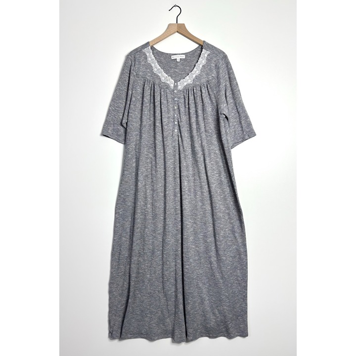 EILEEN WEST Short Sleeve Nightgown Lace Trim Maxi Length Lounge Gray size XL