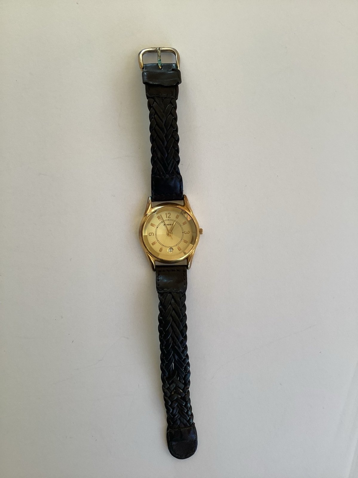 Vintage Fossil Diamond Cut Glass Face Gold Tone Watch