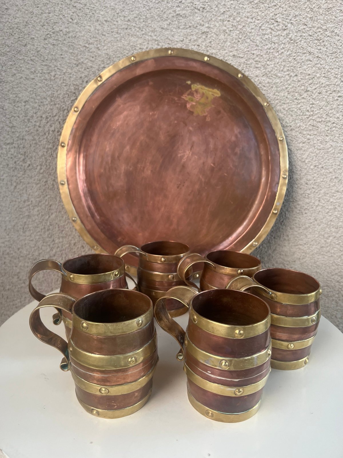 Vintage Set Of 6 Brutalist Barrel Mugs Copper Brass With Large Tray