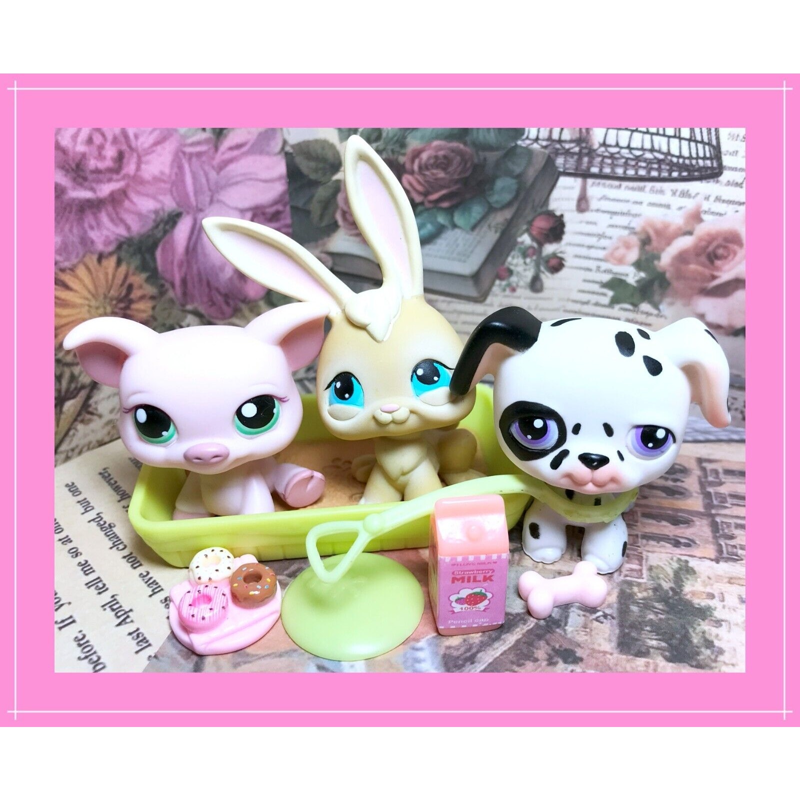 Authentic Littlest Pet Shop LPS #295 #296 #297 Tubes Dalmatian Dog Pig Bunny Set