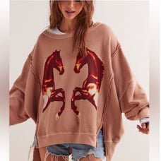 NWT We the Free Graphic Camden Distressed Sweatshirt Mirrored Horses Size Medium