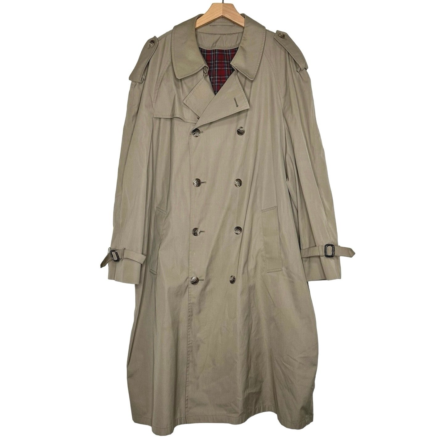 Vintage Newport Harbor Men's 48R Tan Trench Coat Double Breasted Plaid Liner