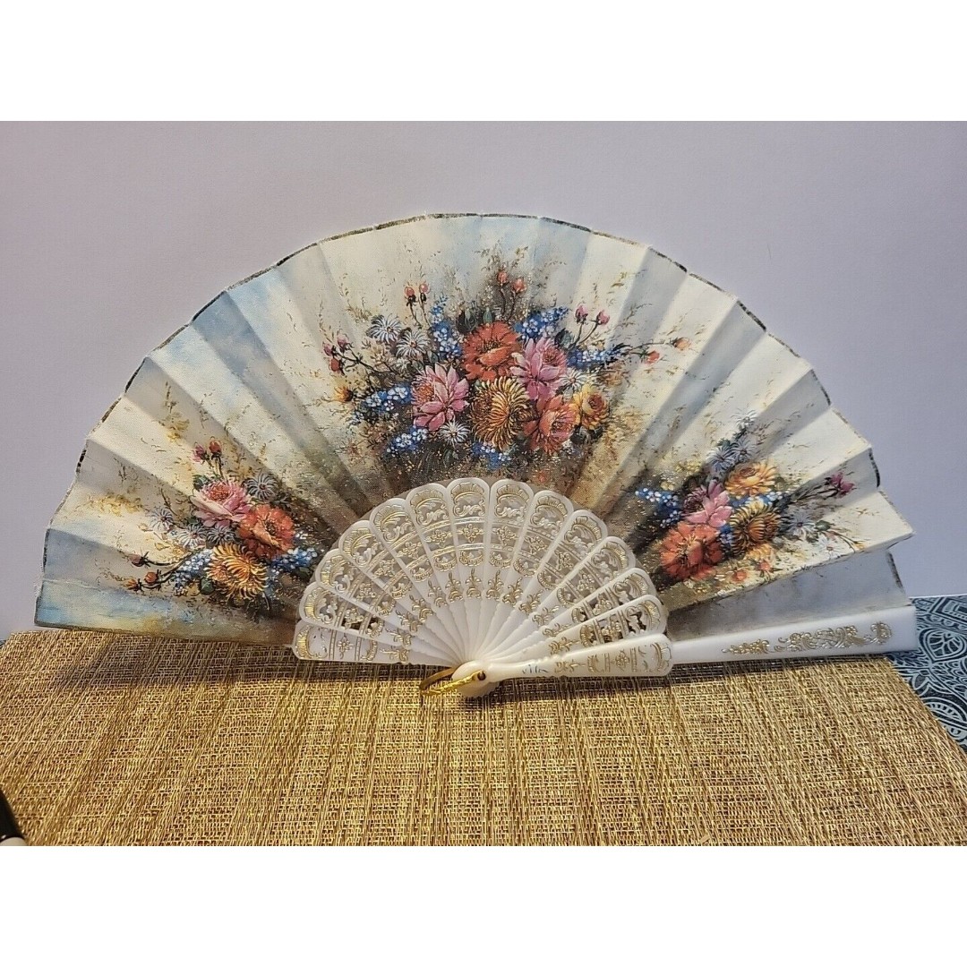 VINTAGE HAND FAN Floral Design On Canvas Like Material Signed Made in Spain