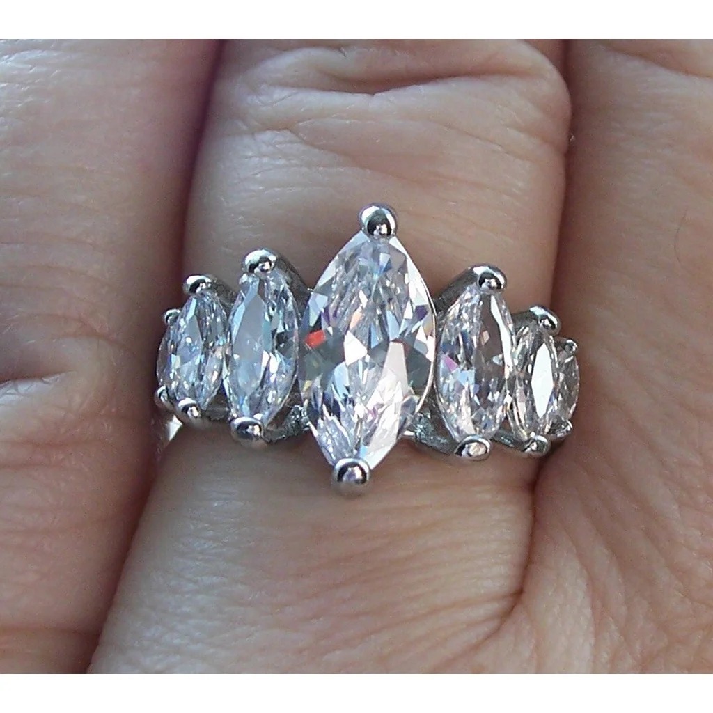 Size 6, STAINLESS STEEL 7 Marquise Cubic Zirconia Ring