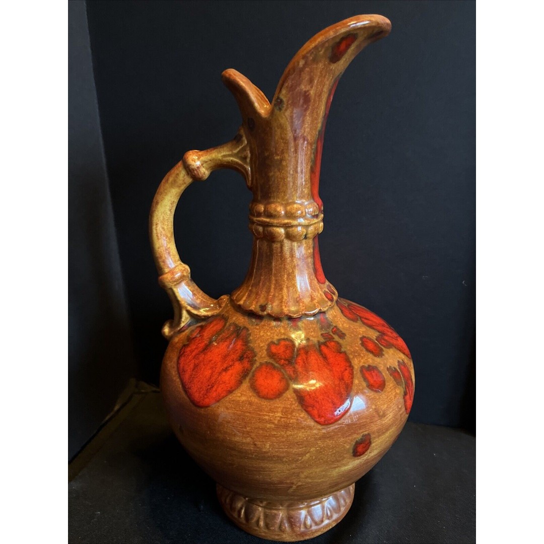 VTG MID-CENTURY 60’s BAR HARBOR MAINE POTTERY PITCHER BROWN ORANGE DRIP GLAZE