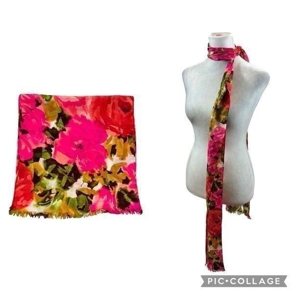 Ladies Silk Pink Floral Long Scarf with Fringe