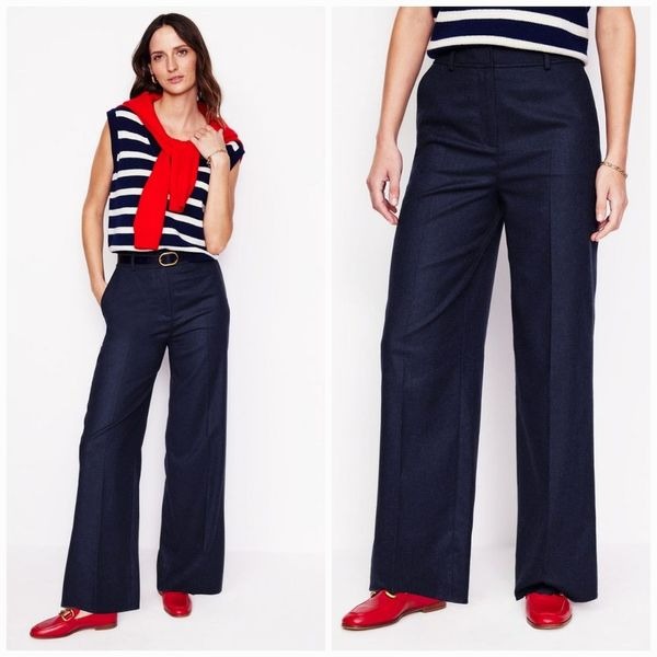 NWT Boden Westbourne Wool Blend Wide Leg Pleated Pants Trousers in Navy Blue 12