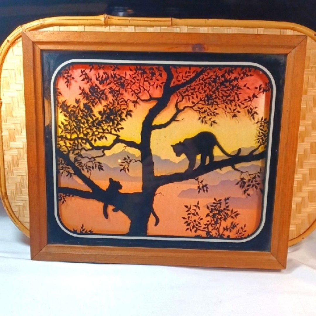 Vintage Silhouette Artwork – Cats on a Tree at Sunset in Wooden Frame” 1977