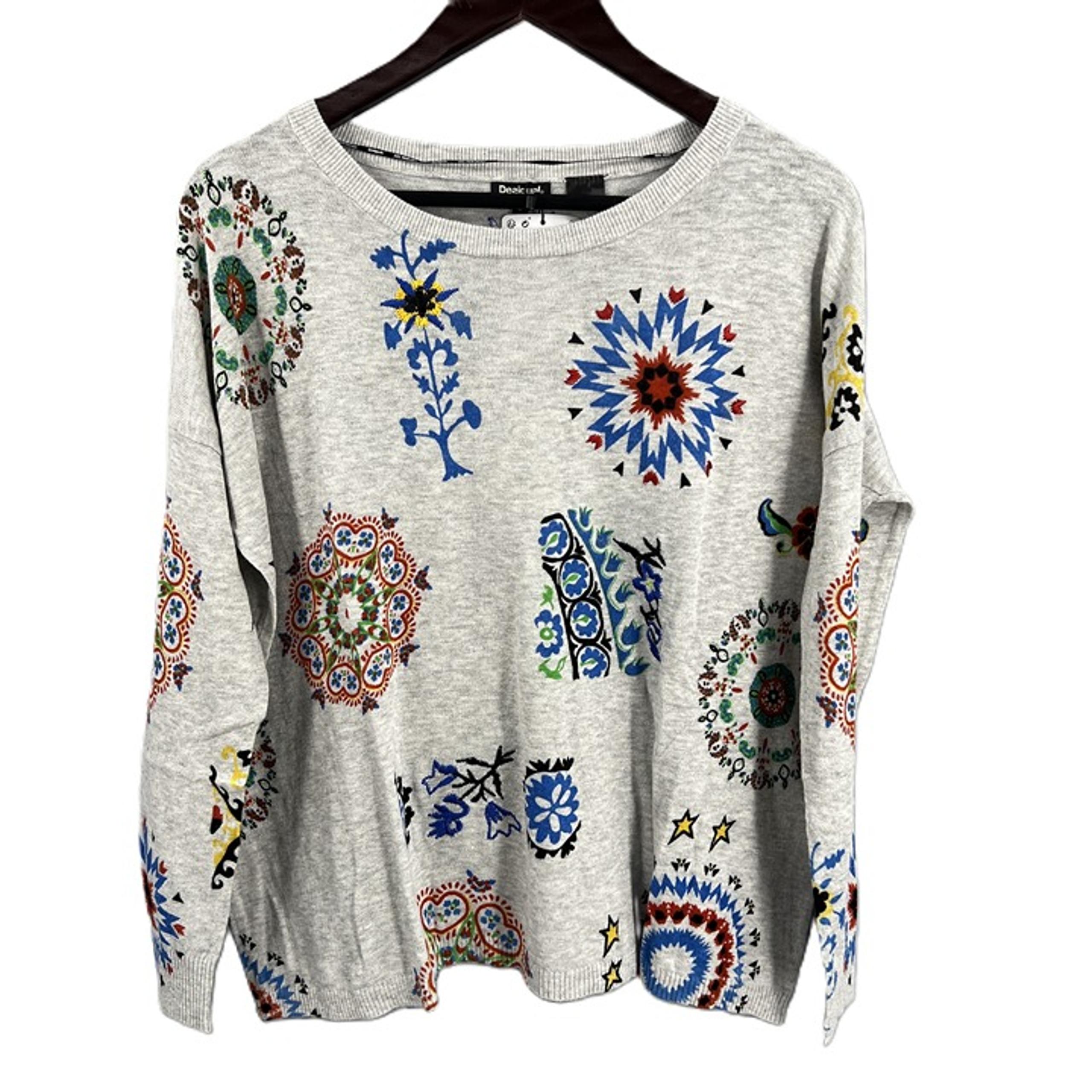 Desigual Gray Sweater Multicolor Graphic Crew Neck Oversized Women US XS New