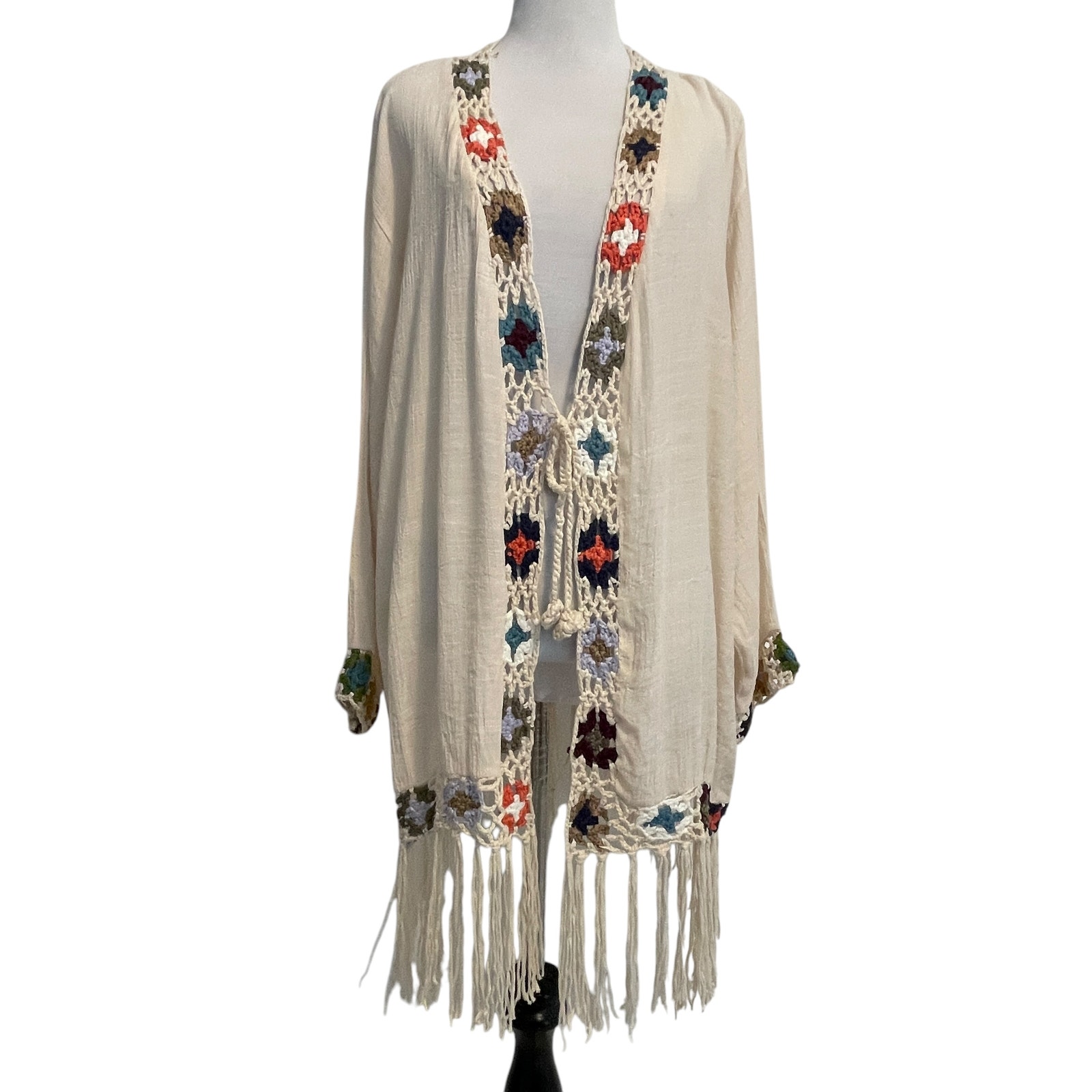 Kindred NEW Granny Square Kimono Cardigan Womens 3X Natural Topper Fringe Boho