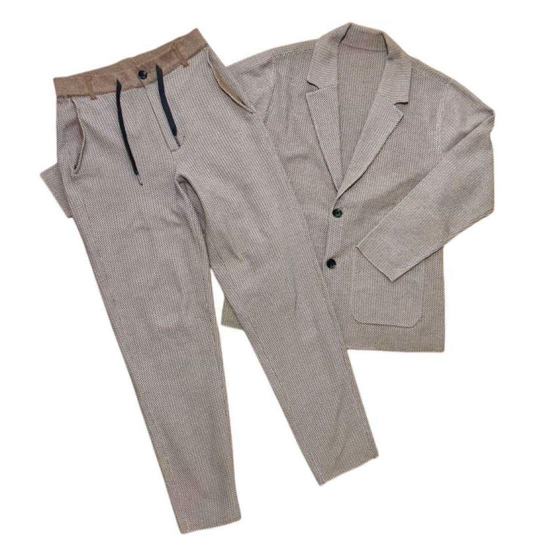 Aoki [Pajama Suit] Double-Breasted Knit Jacket & Pants Set, Brown