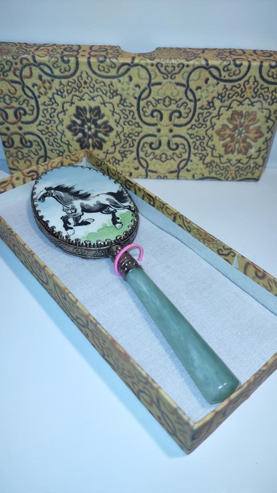 Vintage Hand Painted Porcelain and Jade Small Hand Mirror White Horse