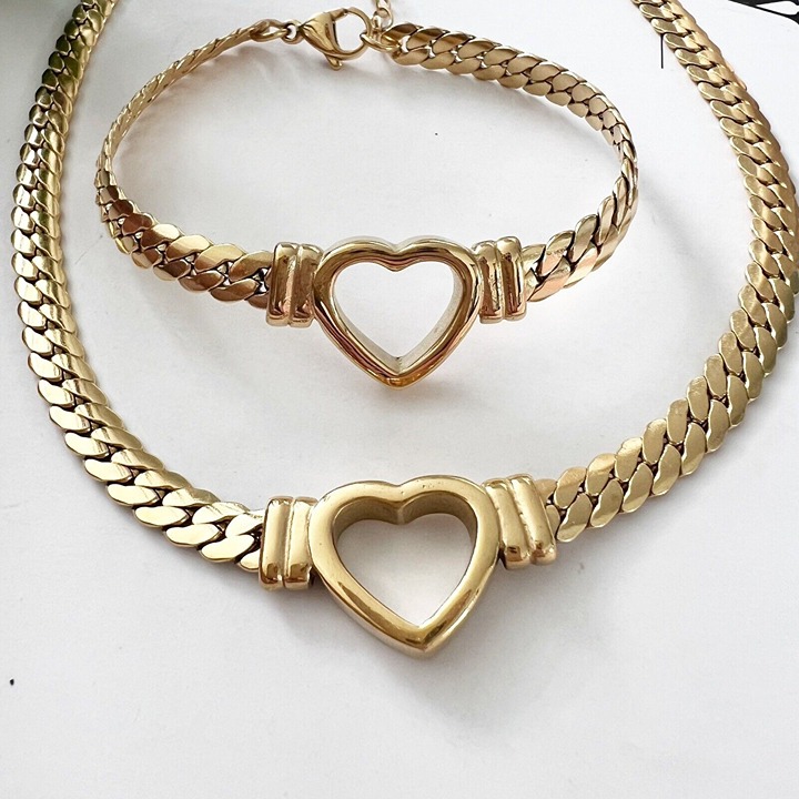 18K Gold Plated snake Chain Heart Necklace Set Bracelet Stainless Steel Womens