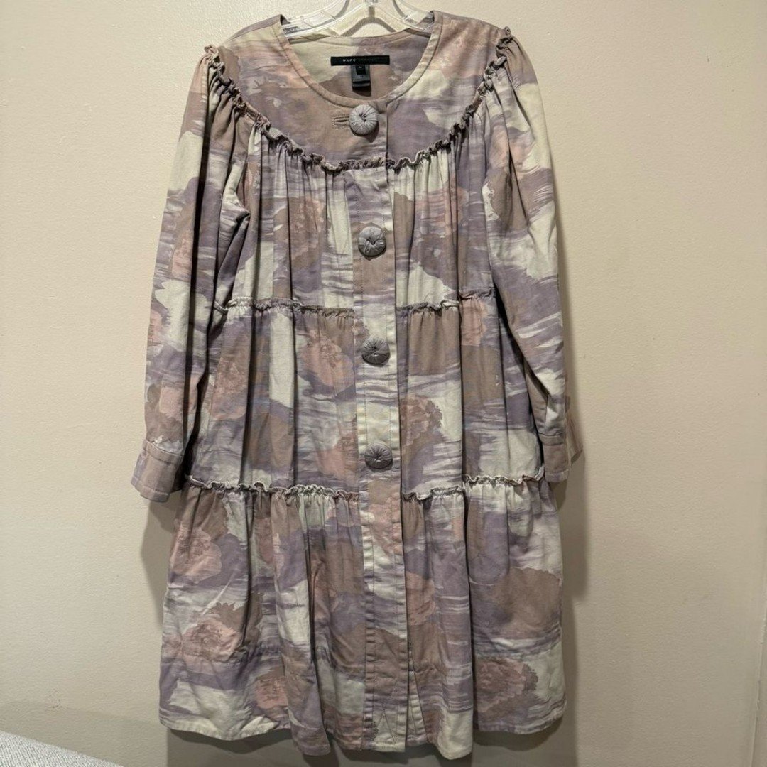Marc Jacobs Vintage watercolor Big Button Long Tiered Jacket Coat Size L