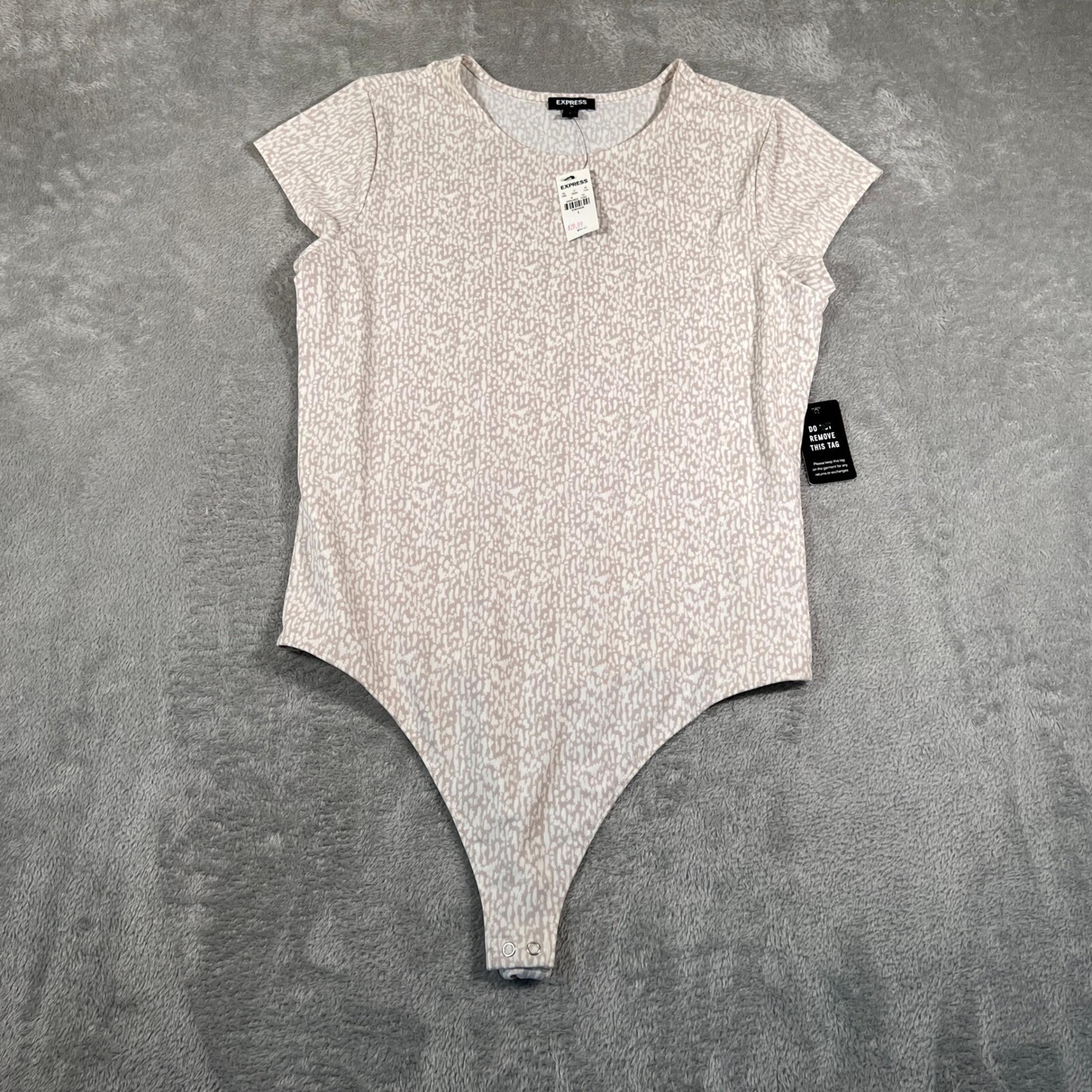 Express Bodysuit Womens Size Large Beige Animal Print Short Sleeve Casual NEW