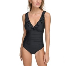 DKNY Swimwear Ruffle Plunge V-Neck Underwire One-Piece Swimsuit UPF 40+ Black S