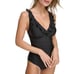 DKNY Swimwear Ruffle Plunge V-Neck Underwire One-Piece Swimsuit UPF 40+ Black S