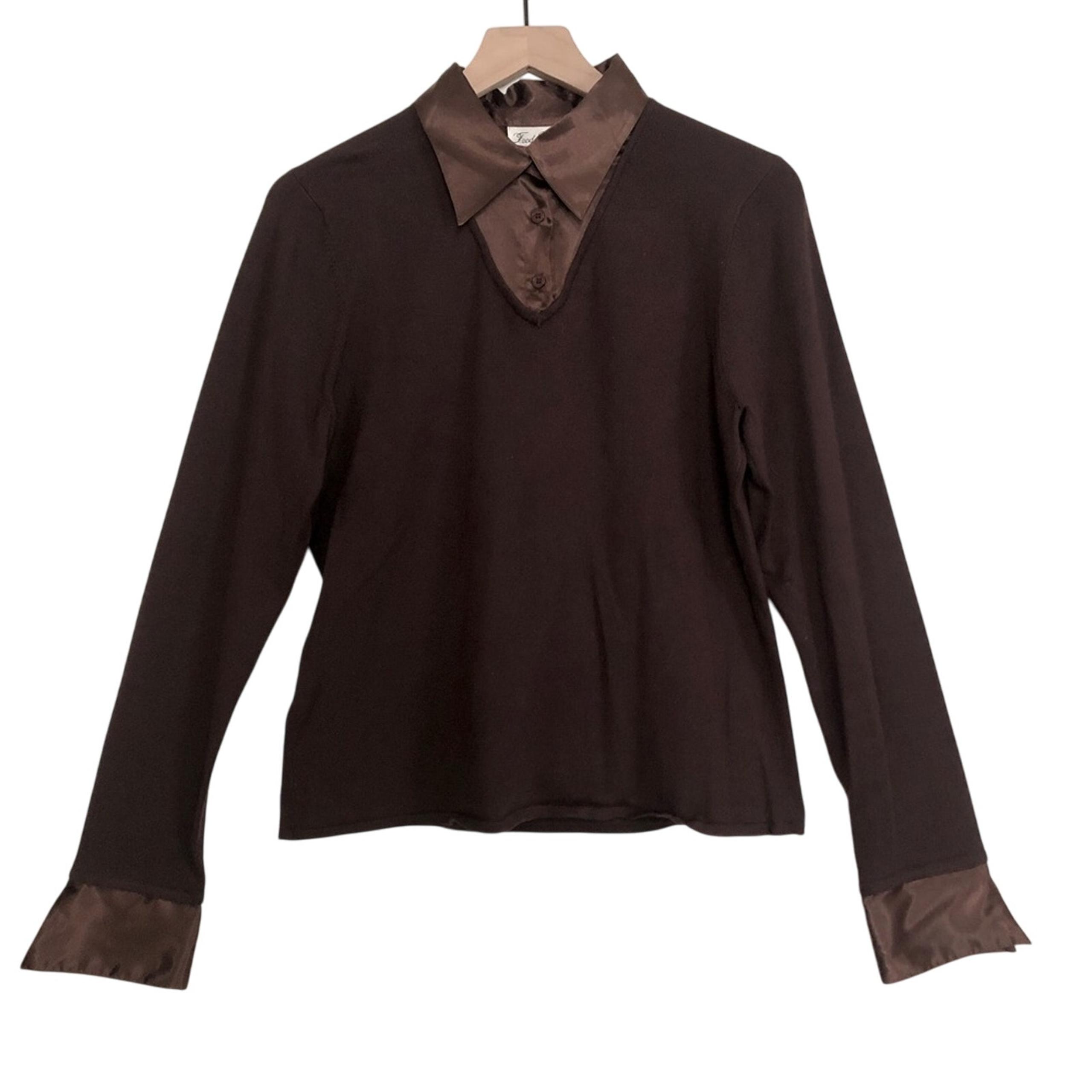 Fred David Brown Long Sleeve Button Collar Satin Knit Sweater Blouse Top