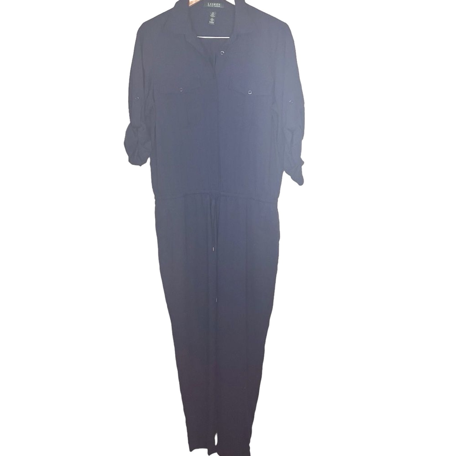 Lauren Ralph Lauren Womens Navy Button Front Long Sleeve Soft Jumpsuit Size 12