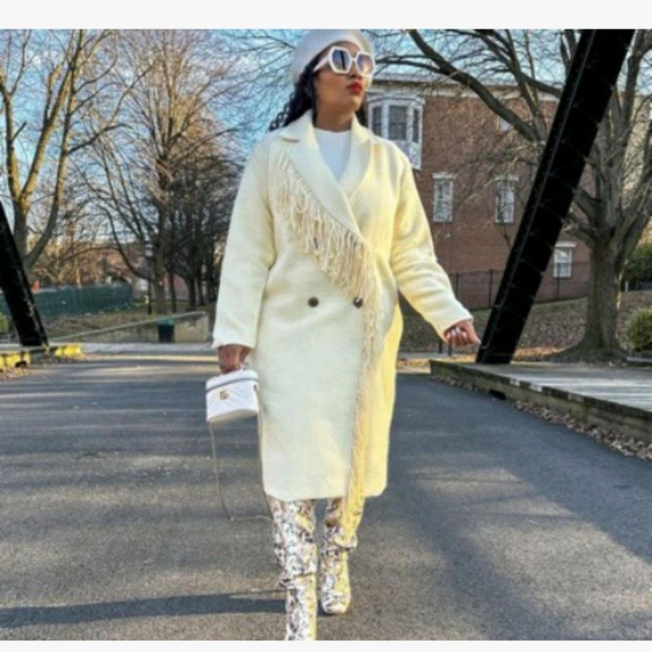 Future Collective X Reese Cream 2X Notched Double Breasted Fringe Coat NWT
