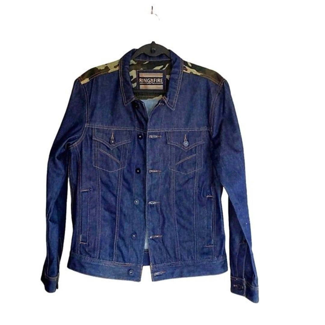 Ring of Fire Mens Jean Jacket Dark Rinse M Camo Trim Roll Cuff Denim