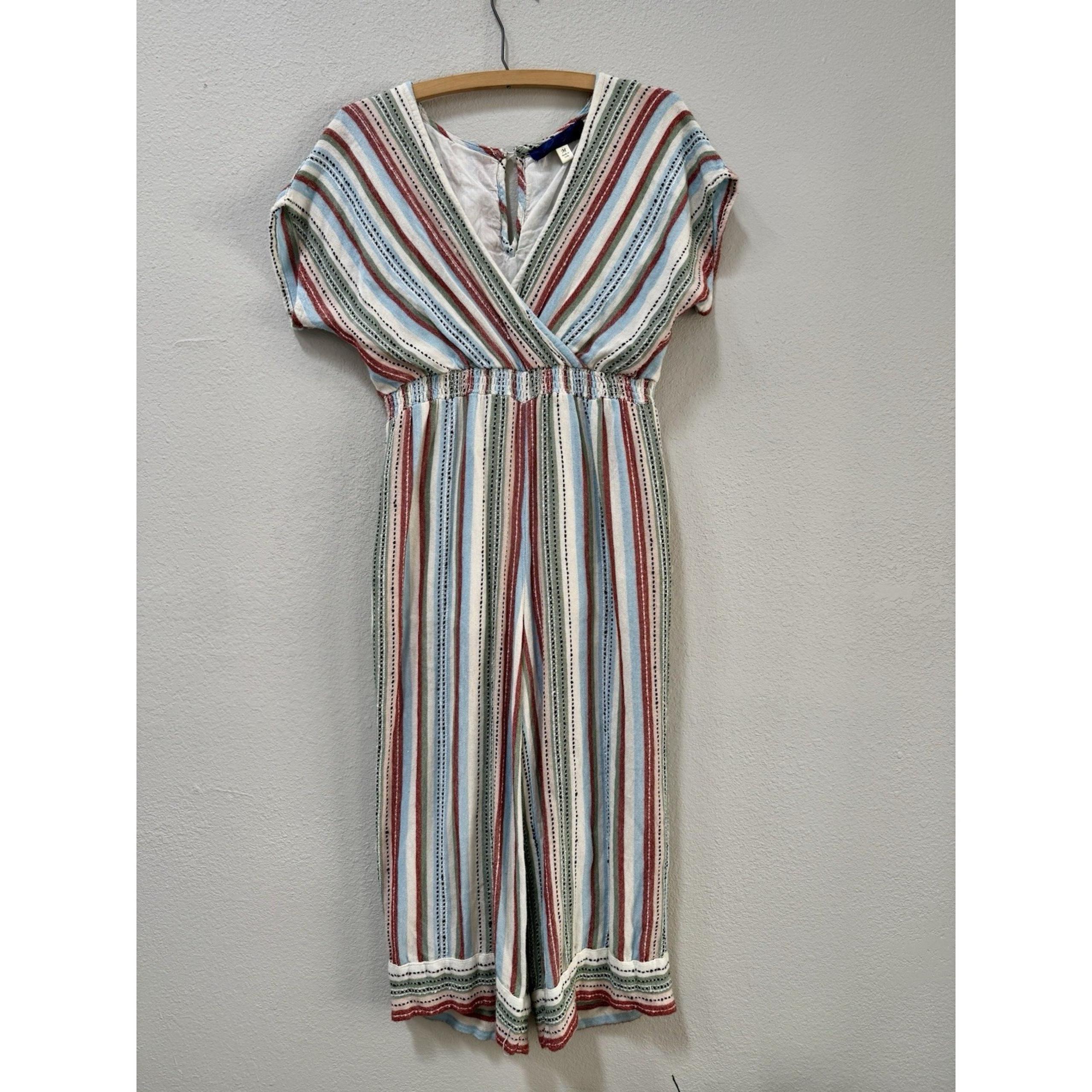 Blue Rain Striped Wide Leg V Neck Jumpsuit Romper Size M 100% Cotton Boho