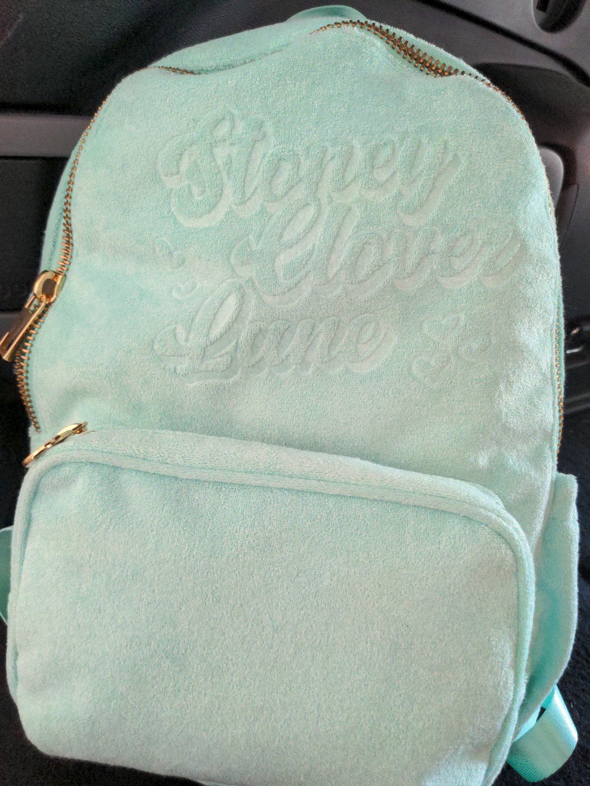 stoney clover lane plush green terry backpack