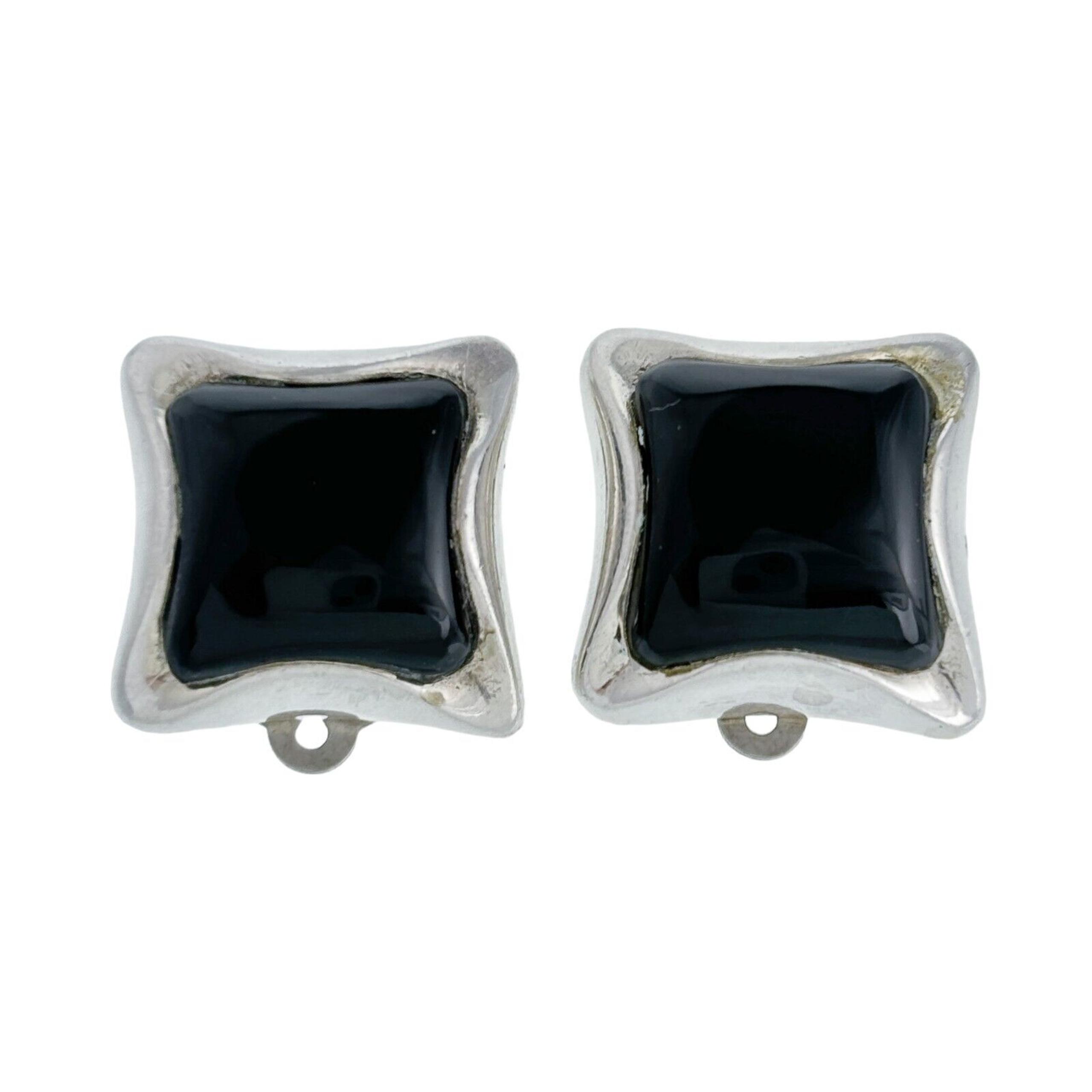 Vintage Barse Sterling Silver 925 Square Pillow Black Onyx Clip On Earrings