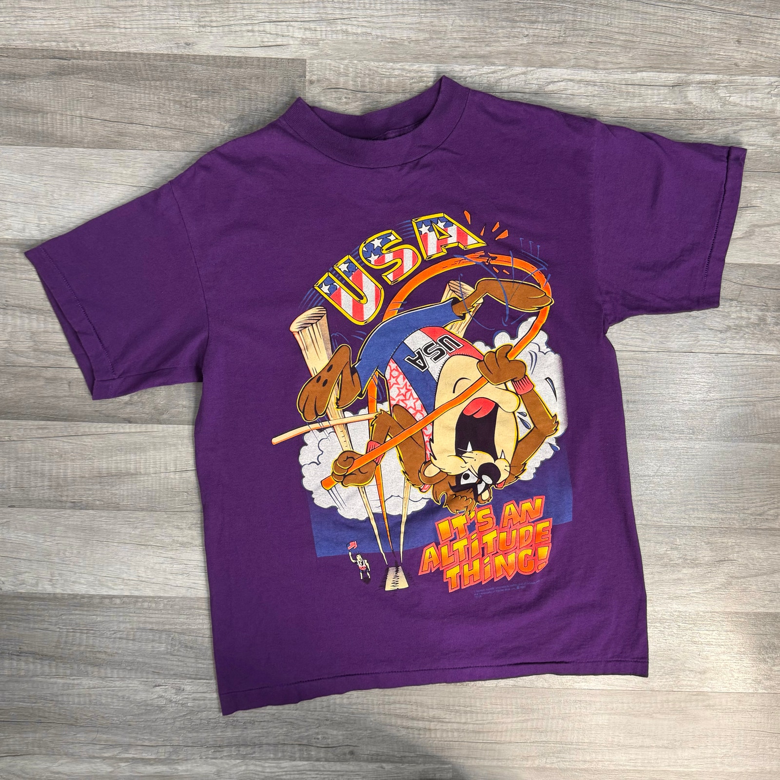 Vintage Taz USA IT'S AN ALTITUDE THING T-Shirt Purple Single Stitch Size Large