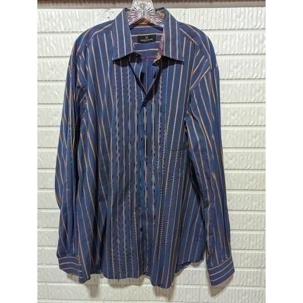 Bugatchi Men's Blue & Yellow Striped Long Sleeve Button Down Shirt Size 2XL