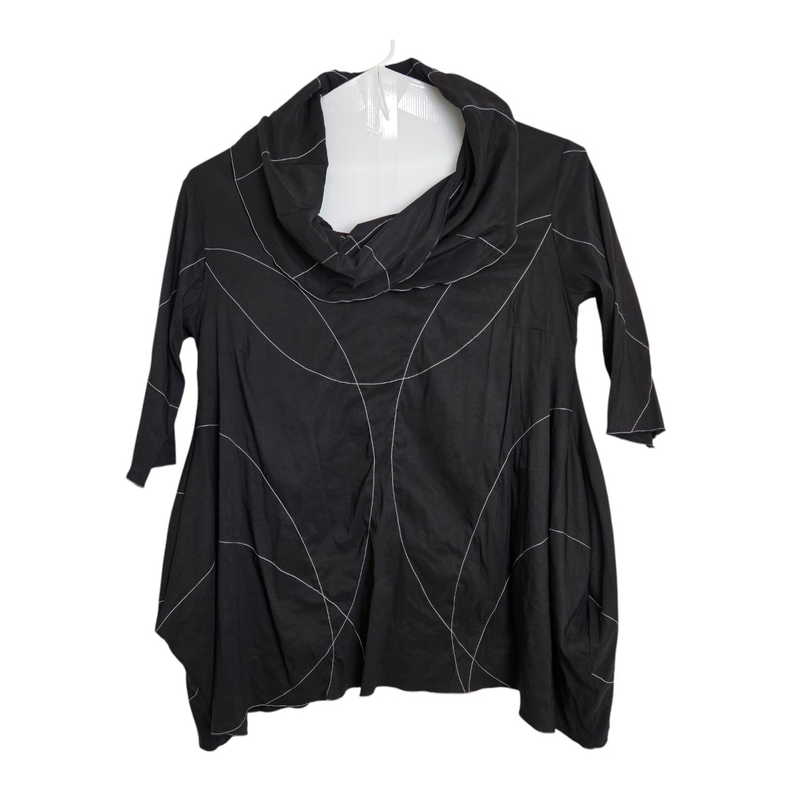 Susan Otterson Top Size XL Art To Wear Oversized Lagenlook Black Contrast Stitch