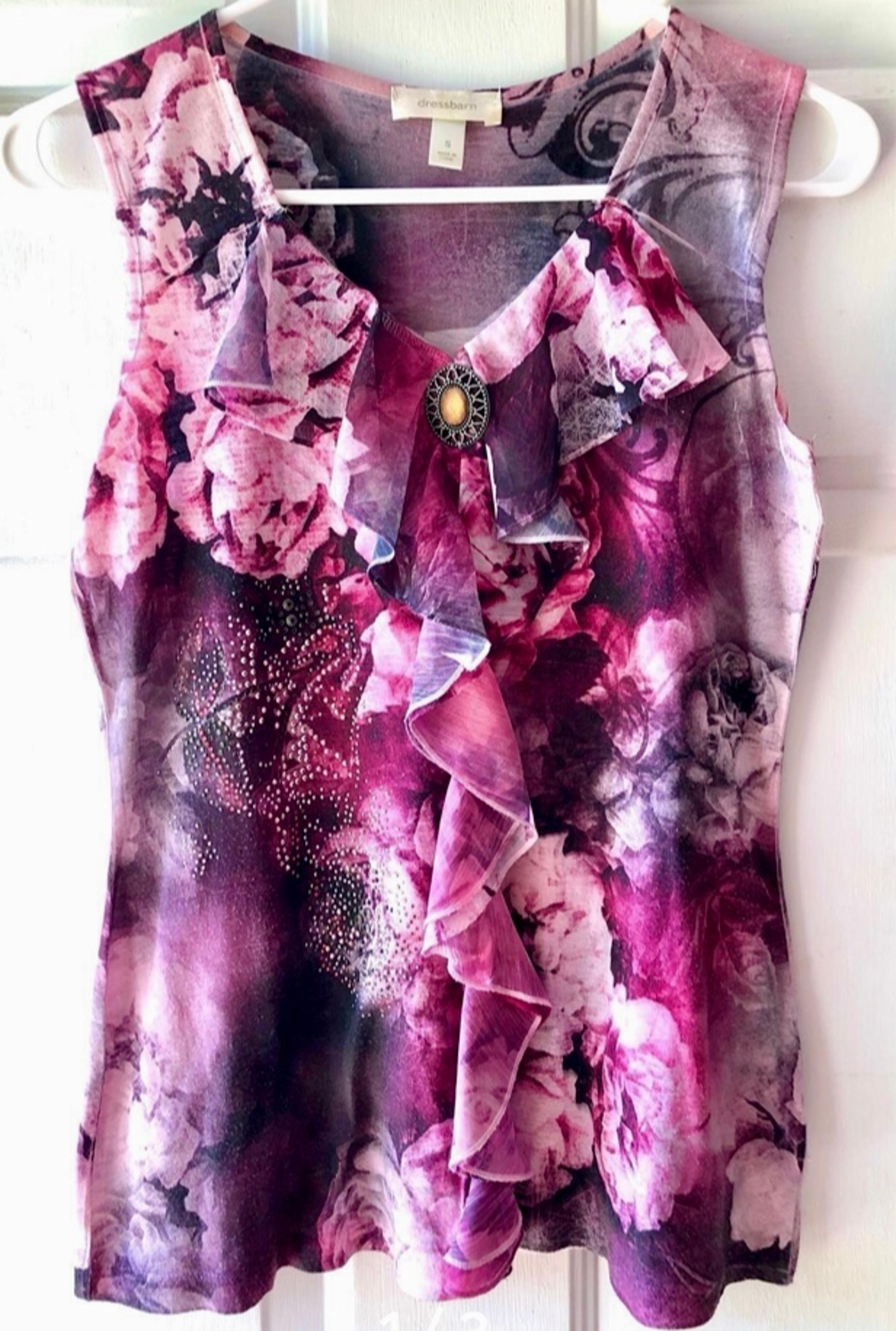 Dress Barn Purple Multi Floral Jewel Detail Ruffle Front Sleeveless Blouse Small