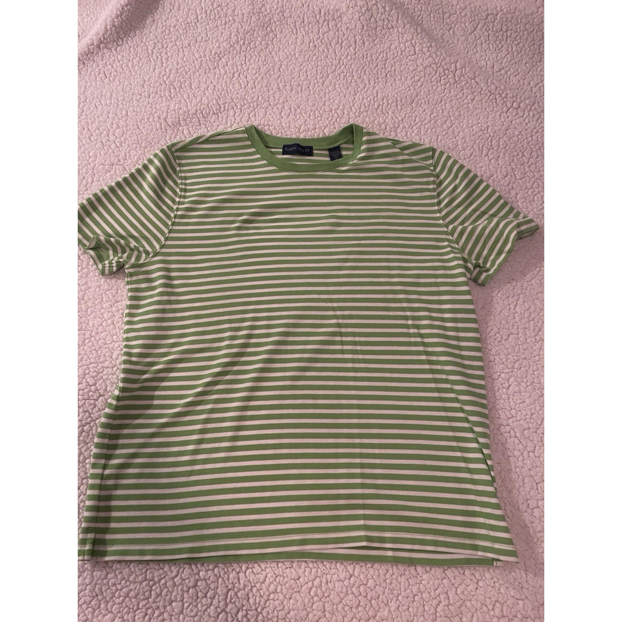 Karen Scott Shirt Green White Striped Short Sleeve Women's T Shirt Size Medium