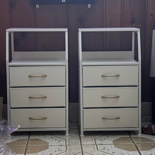 White Nightstand with 3 Drawers and 2-Tier Shelf, Small Night Stand Set of 2