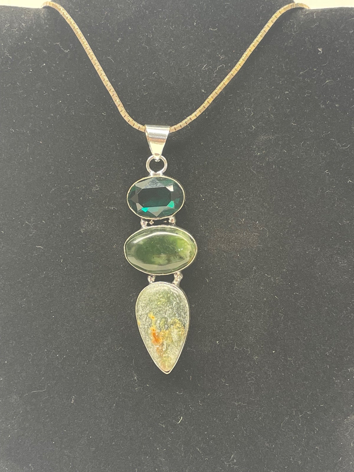 Elbaite, Nephrite and Jasper Pendant on a 24” Paola Romeo Italian box chain
