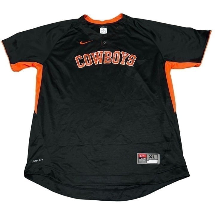 NIKE OKLAHOMA STATE OSU COWBOYS PRINT BLACK AND ORANGE SHIRT MENS XL | E2