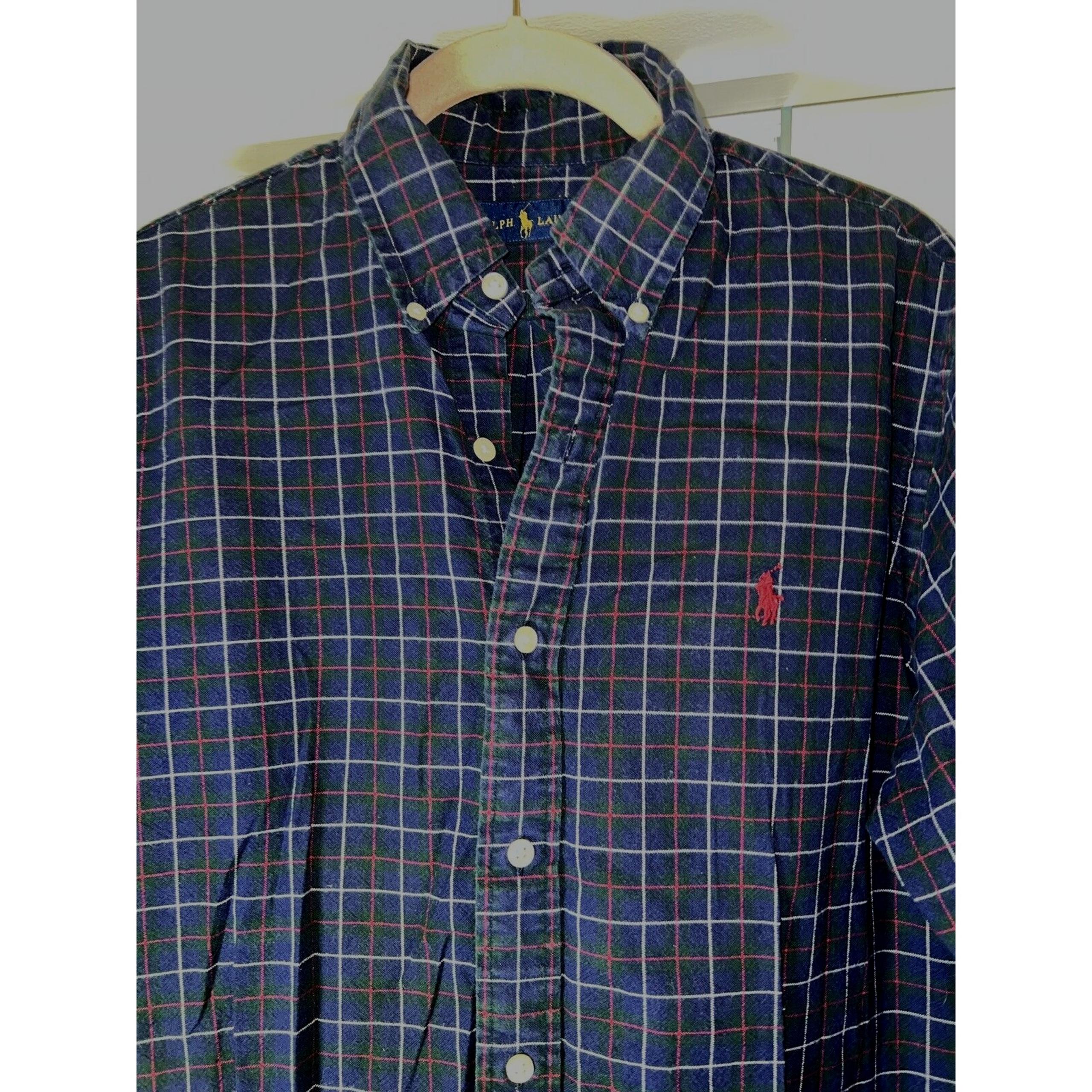 Ralph Lauren Blue Plaid Cotton Button Down Long Sleeve Shirt Men Medium