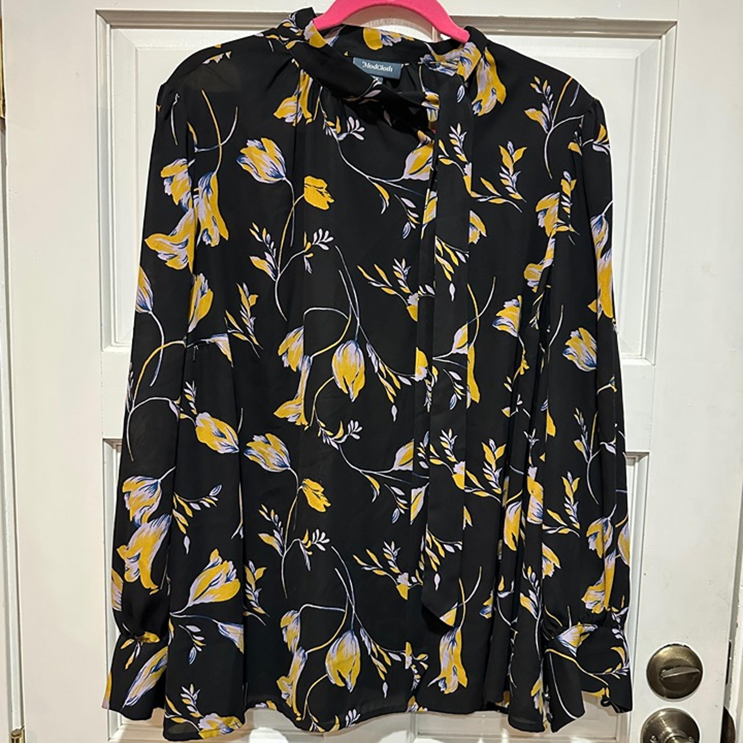 ModCloth Blouse Multicolor Floral Abstract Bow Long Sleeve Size 2X Black