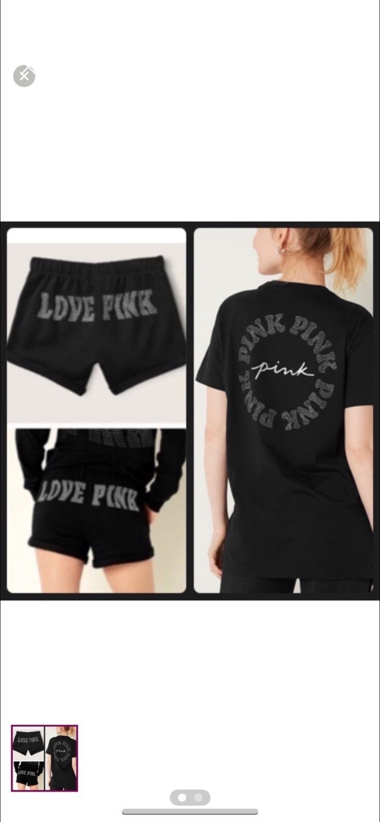 VS PINK Campus Tee Shirt & Heritage Shorts Set Black Rhinestone Bling Logo Sz L