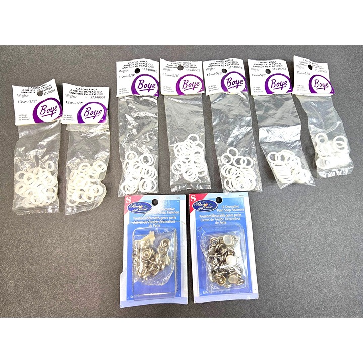 Lot Of Boye Plastic Cabone Rings & Rmewing Pearl Snap Fasteners Assorted Sizes