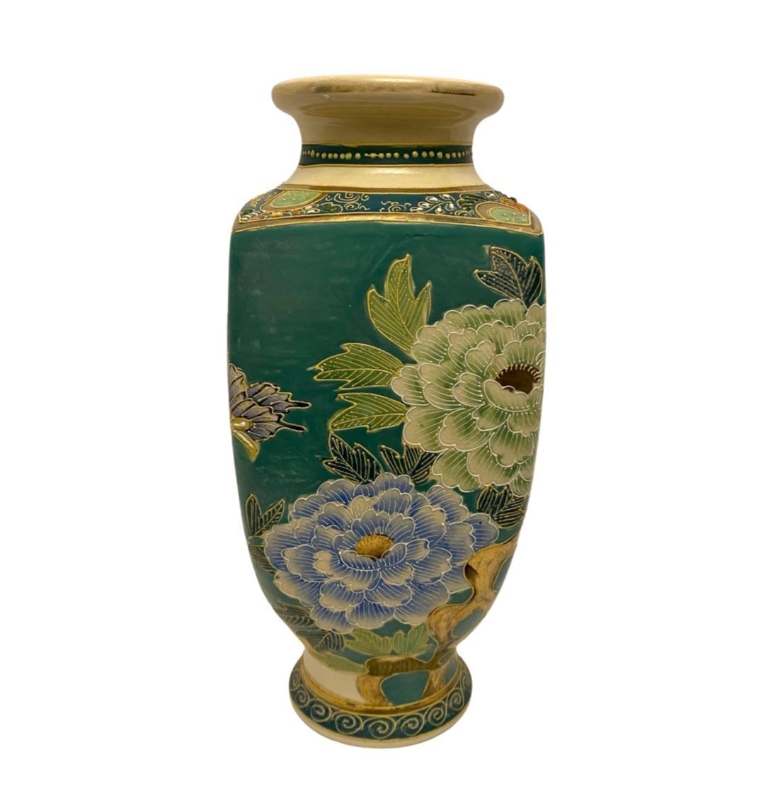 Vintage Porcelain 10” Vase Green Floral Butterfly (Rare) Foreign Hand Painted.