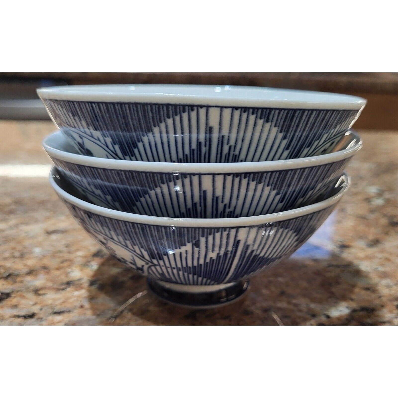 ASIAN Bamboo Porcelain Rice Bowls Set of 3 Matching (Excellent Cond)