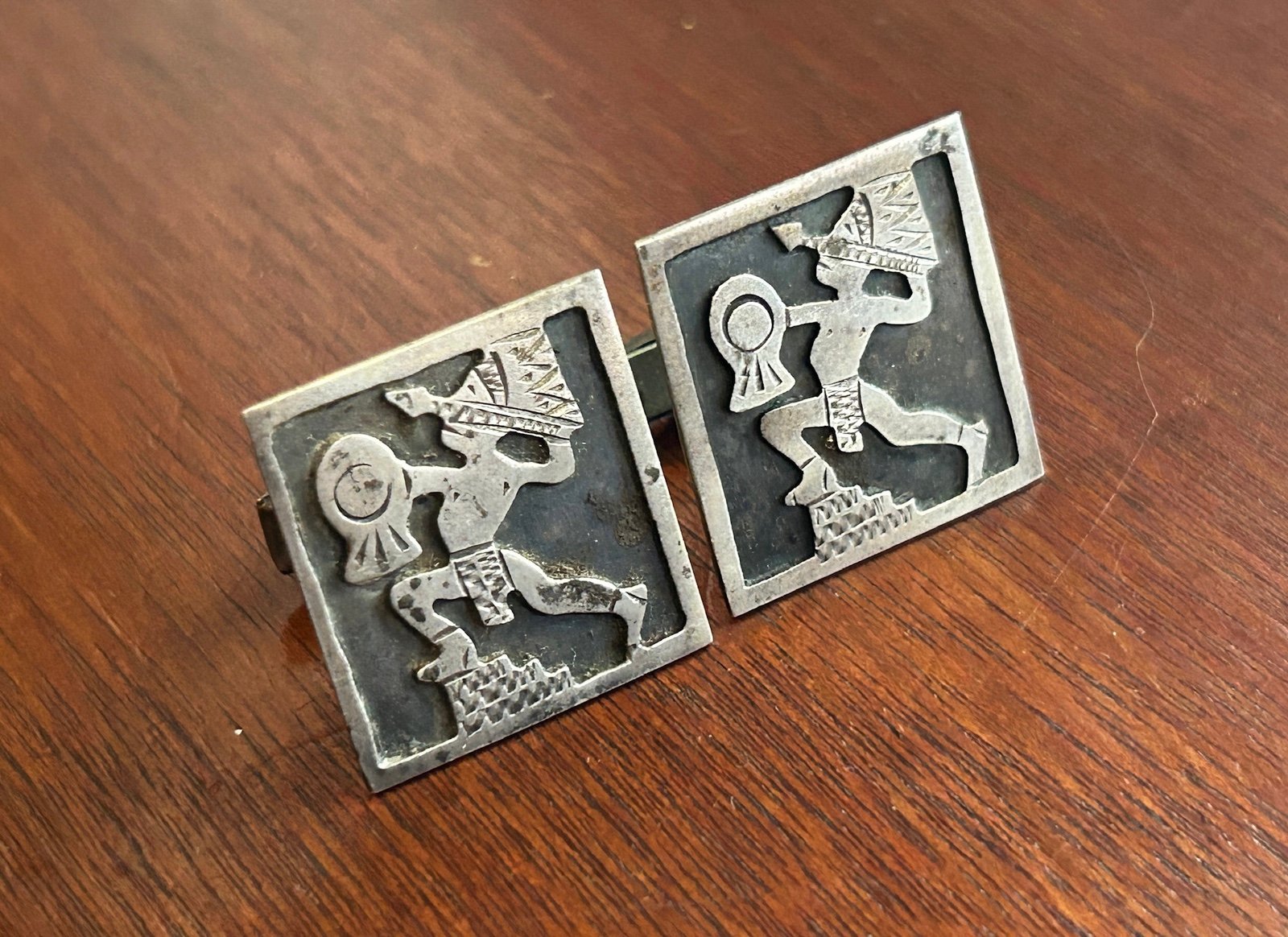 Vintage Designer RM Sterling Silver 925 Aztec Mayan Warrior Relief Cuff Links